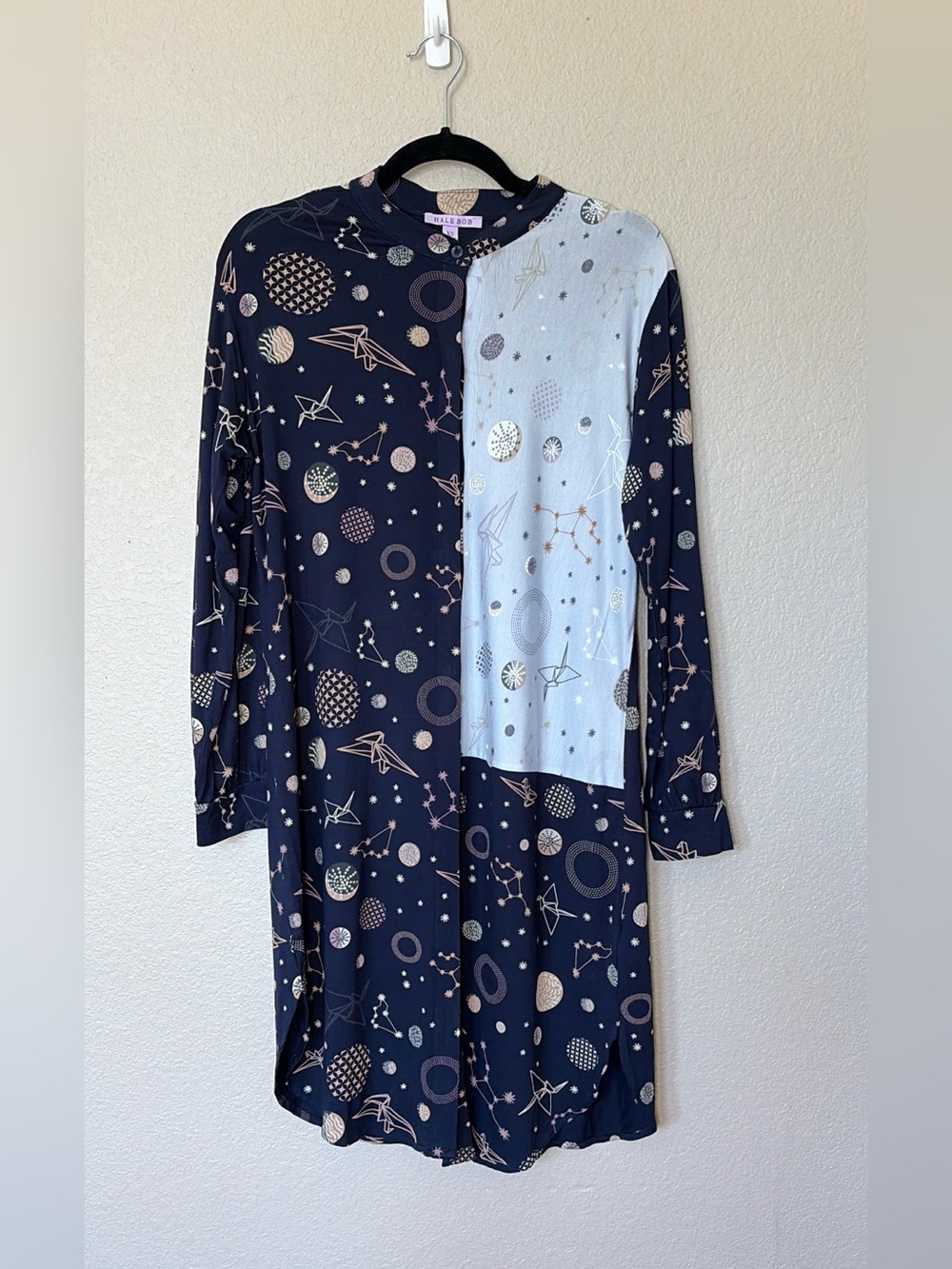 Hale Bob Celestial Pajama Shirt Dress Long Sleeve Blue size XS